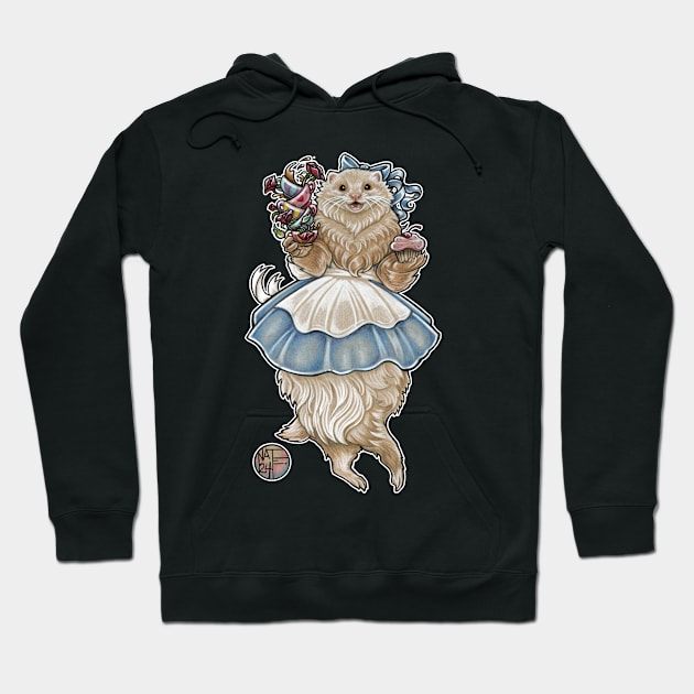 Ferret Alice In Wonderland With Tea Cups - White Outlined Version Hoodie by Nat Ewert Art